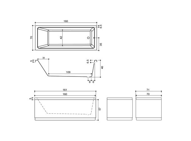 Badekarpakke med panel KVADRAT 160 160x70x62cm (front&ende) hvit